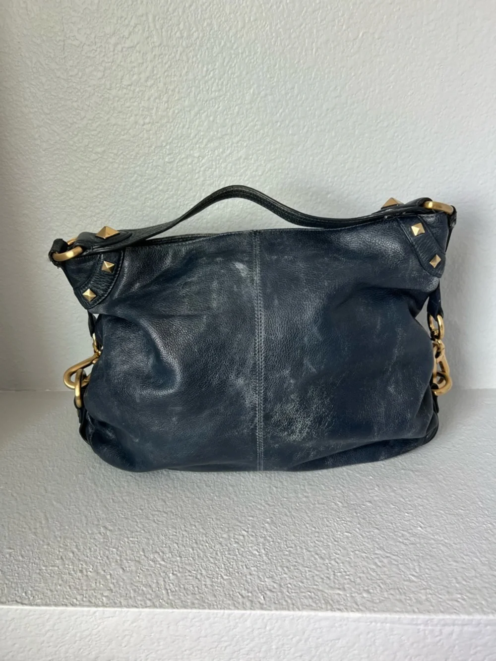 b. makowsky Navy Leather Shoulder Bag with Gold Hardware Accents - Picture 3 of 5